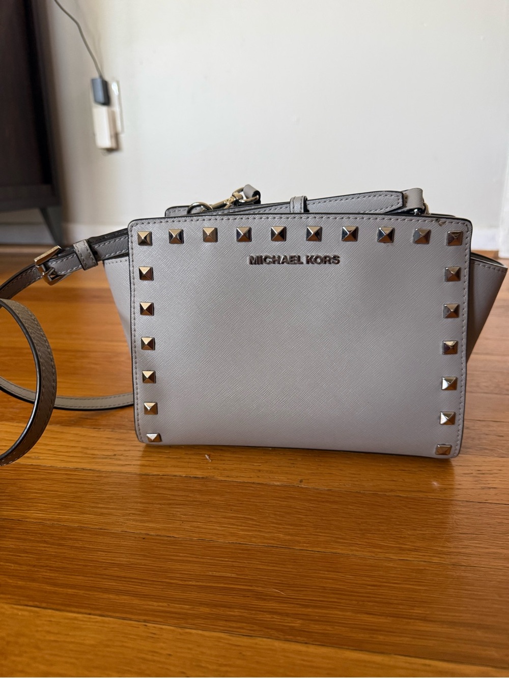 MICHAEL KORS Light Gray Saffiano Leather Studded Crossbody
